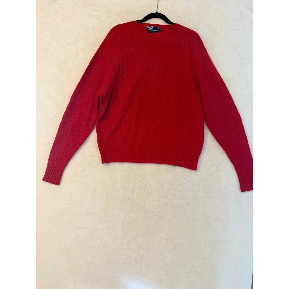 Polo Ralph Lauren Red Cable Knit‎ Lambswool Crewneck Sweater Mens XL Vintage